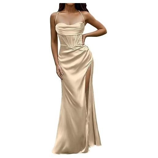 JNBFCDY le donne sexy raso corsetto maxi abito con cinturino vita alta con spacco laterale a lisca di pesce cocktail da sera elegante abiti da ballo lunghi (s, vino)