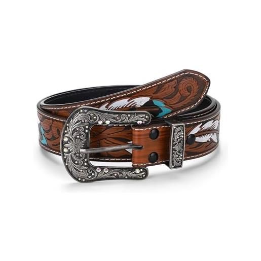 TNMIUH cinture da donna per jeans, cintura con decorazione stampata a piume, cinture western per donna e uomo, cinture da cowboy country con fibbie, marrone, 130
