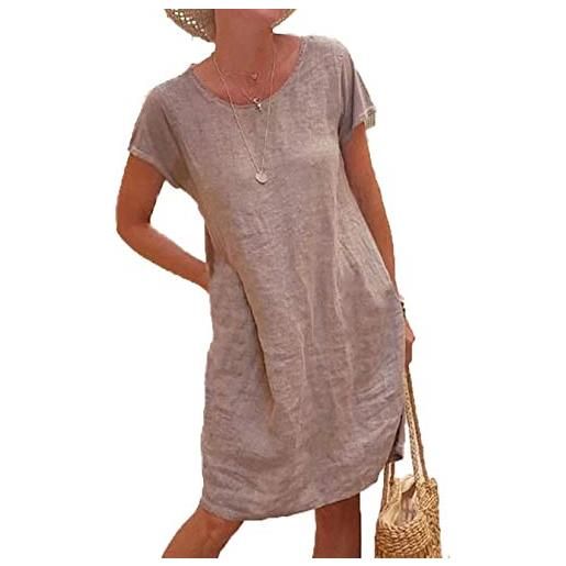 Yutila abito da donna estate manica corta scollo a rotondo casual abito estivo lino tinta unita abiti di lino