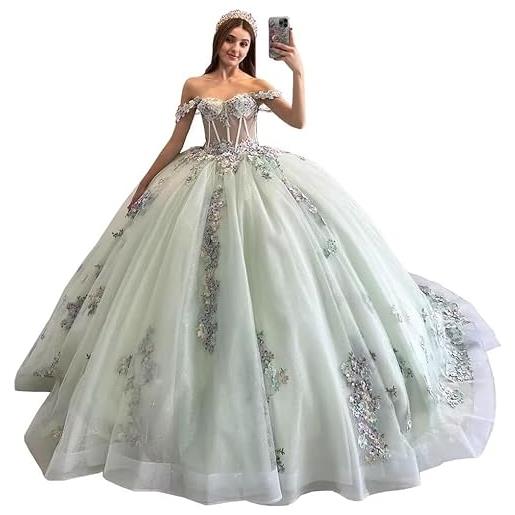 Yifanier sweet 16 abiti quinceanera abiti da ballo abiti da ballo in tulle abiti quinceanera scintillanti tulle fiori 3d soffici abiti da ballo mt003