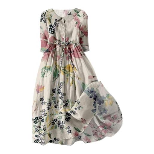 Generic abito di lino estate delle donne manica corta abito estivo abiti di lino midi donne cotone lino abito casual abiti da spiaggia abito a-line vestiti stampa floreale elegante vestito con cintura bottoni