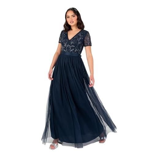 Maya Deluxe women's maxi dress ladies floral sequin embellished v-neck short sleeve tulle sash tie belt empire a-line bridesmaid, navy blue, 56