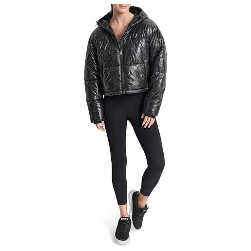 DKNY embossed crosswalk print cropped puffer jacket giacca, nero, s donna