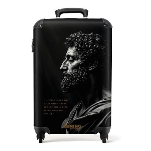 NoBoringSuitcases.com® valigia bagaglio a mano 55x40x20, bagaglio 10 kg con ruote, valigia rigida leggera, trolley cabina con statua - nero e bianco, valigia per aereo