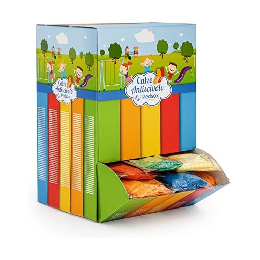 Pedsox, calze igieniche monouso antiscivolo per bambini, espositore da 125 paia confezionate in bustine da 1 paio, ideali per parchi gioco, 3-10 anni, taglia unica, colori assortiti