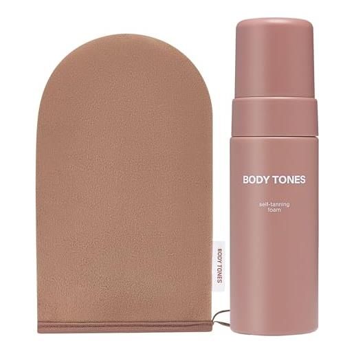 BODY TONES tan it your way body tones - la schiuma autoabbronzante set 155 ml - mousse idratante e antietà per ogni carnagione, la schiuma abbronzante naturale senza esposizione al sole, viso e corpo, guanto