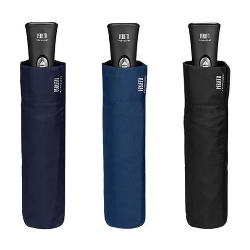 PERLETTI ombrello uomo nero leggero e pieghevole - mini ombrello portatile tinta unita resistente antivento con trattamento teflon - automatico apri e chiudi - diametro 98 cm - perletti technology (nero)