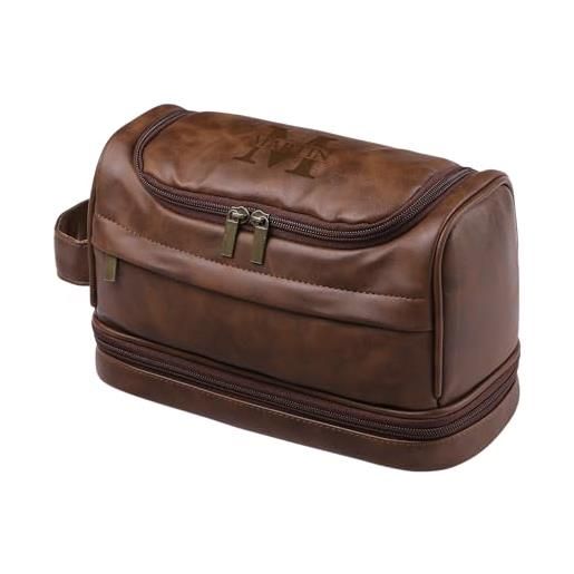 Gaosh borse da toilette personalizzate per uomo borsa da viaggio in pelle con nome beauty case uomo regalo uomo anniversario (marrone)