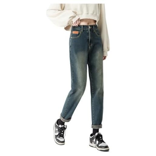Lazutom jeans da donna invernali foderati in caldo pile boyfriend harem stretch casual caldo denim pantaloni, blu, 46