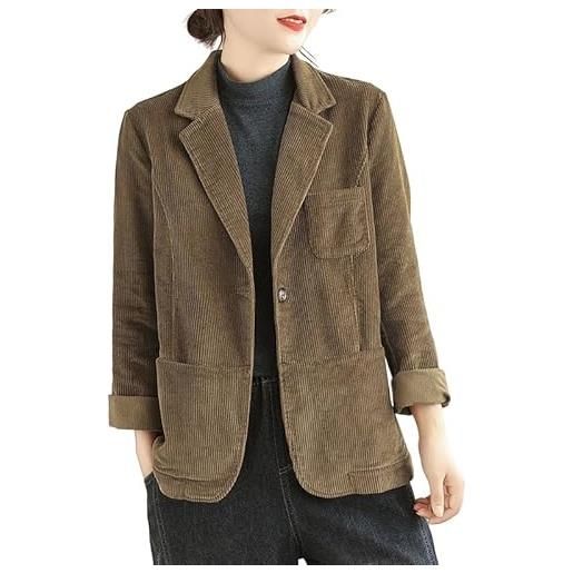 KIJSKKOPO giacca da abito in velluto a coste verde da donna, giacca tunica vintage con risvolto a tacca, manica lunga, con tasca, casual autunnale, da ufficio, da lavoro, di transizione, marrone xs