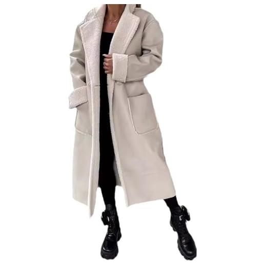 DLLDLGG cappotto lungo in finta pelle di montone da donna, capospalla in pile peloso a maniche lunghe con risvolto, giacca da motociclista in finta pelle con cintura