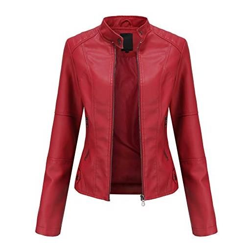 E-girl pn767 - giacca in pelle da donna, sottile, con chiusura lampo, collo alto, colore: rosso, 50