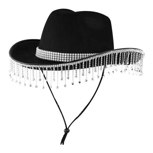 Hperu cappello da cowboy glitter per donne rinestone frangia sposa cappello da cowgirl con cappello da cowgirl con cappello da sposa disco cowgirl disco disco disco disco, nero