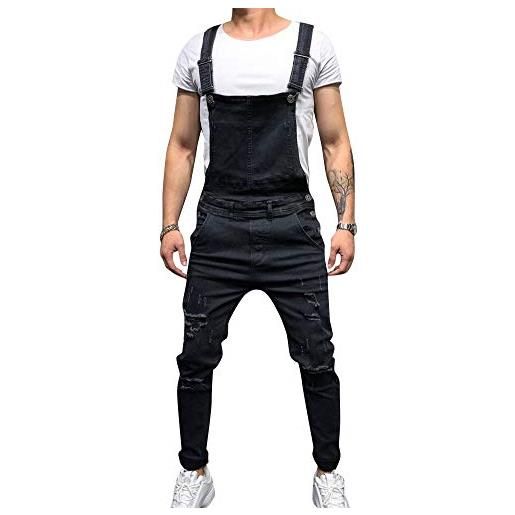 Yonglan salopette di jeans da uomo vestibilità slim jeans lunghi casual pantaloni in denim tute 732nero l