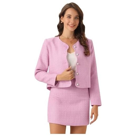 Allegra K tailleur donna eleganti in tweed da lavoro set gonna e blazer senza colletto in 2 pezzi da ufficio rosa m