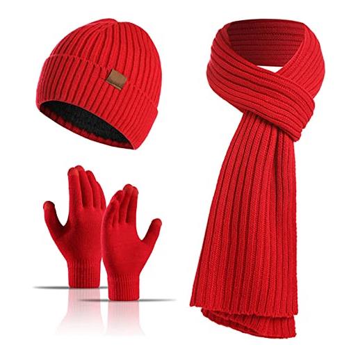 Ommda cappello uomo invernali 3 pezzi cappello sciarpa guanti set beanie in maglia cappello lavorato a maglia con fodera in pile touch screen guanti rosso