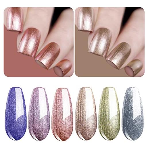 Vishine set di 6 smalti per unghie lucidi a specchio in metallo, gel per unghie, a lunga durata, effetto perla per nail art, colore glitterato, 8 ml