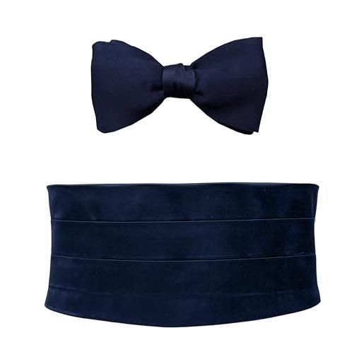 Remo Sartori - set fusciacca fascia da smoking e papillon da annodare in seta blu, 4 pieghe, chiusura regolabile, made in italy, uomo (circonferenza da 90 cm a 110 cm)
