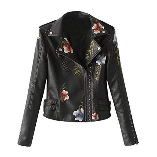 Generic giacca in pelle da donna con ricami floreali, in ecopelle, a maniche lunghe, con borchie, giacca invernale alla moda, giacca in similpelle, slim fit, streetwear con chiusura lampo, giacca corta, nero