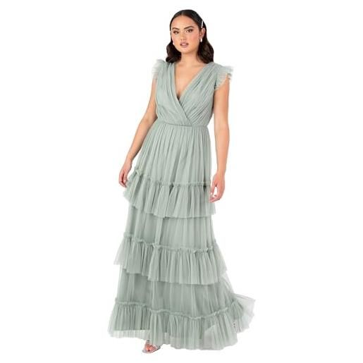 Anaya with Love women's maxi dress ladies short sleeve v-neck wrap tiered ruffle tulle a-line wedding guest bridesmaid prom ball gown, vert givré 46