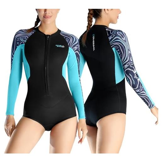 Maeau costume da bagno intero da donna, a maniche lunghe, in neoprene, 2 mm, con cerniera frontale, upf 50+, per immersioni e sport acquatici, blu, xs