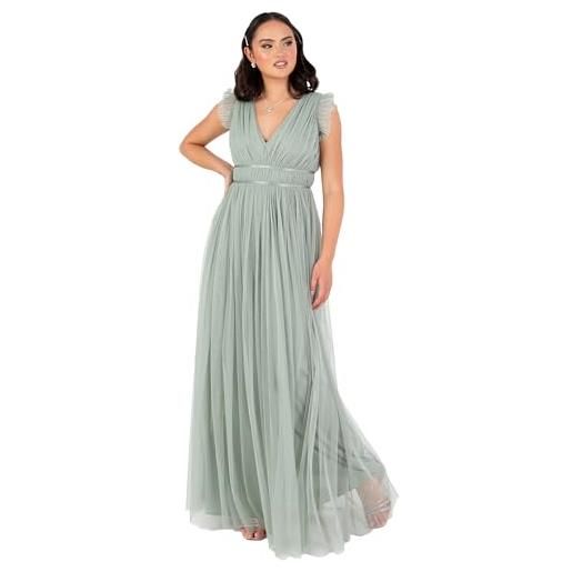 Anaya with Love women's maxi dress ladies cap sleeve v-neck satin detail tulle a-line bridesmaid wedding guest occasion prom ball gown, frosty green, 46
