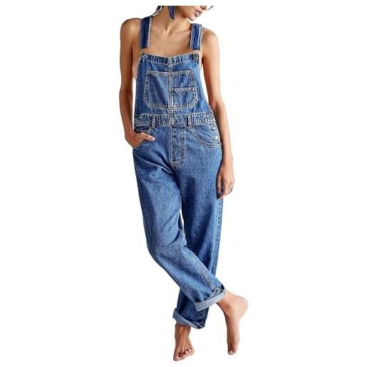 Fiacafyo salopette da donna casual a gamba larga, in denim, vestibilità ampia, pantaloni a vita alta, con tasche