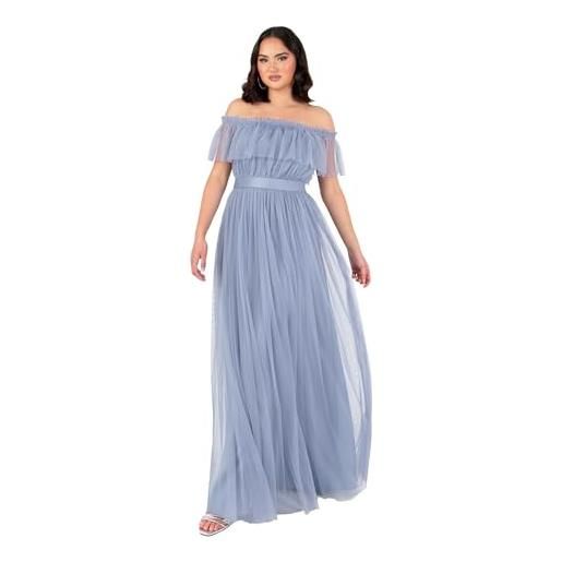 Anaya with Love women's maxi dress ladies sleeveless off shoulder bardot neckline tulle sash tie belt a-line bridesmaid wedding guest, green, 54