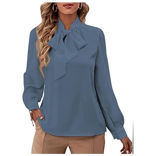 Rooscier camicetta elegante da donna in chiffon con colletto a fiocco e maniche lunghe, caramello, s