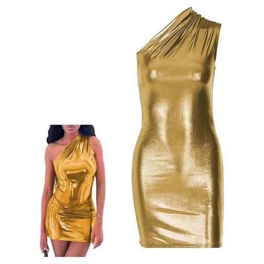 SamHeng abito lucido da donna, mini abito club aderente con increspatura metallizzato su una spalla, gonna anca club effetto wetlook metallizzato, abito da cocktail sexy in pelle pu senza maniche