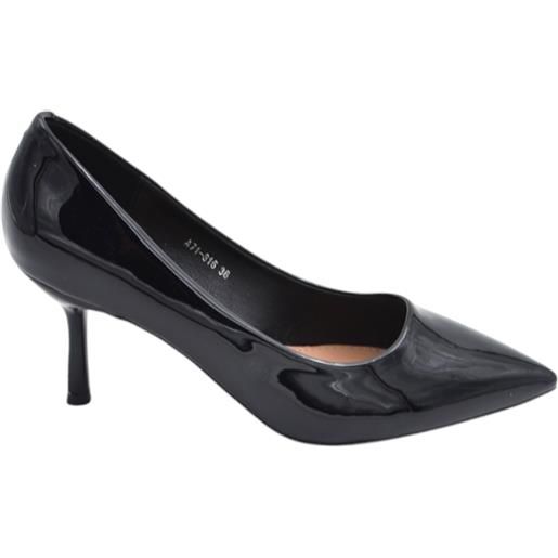 Malu Shoes decolette donna in pelle vernice lucida nero con punta tacco sottile 6 cm linea basic