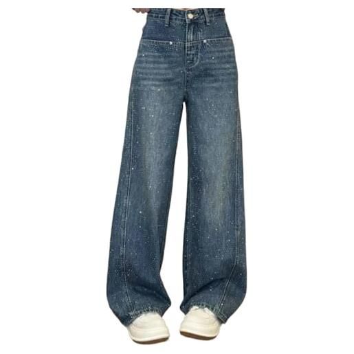 Suncadmious jeans haren larghi con strass casual primaverili da donna pantaloni vintage in denim a vita alta pantaloni larghi con strass a vita alta jeans lucidi dritti a gamba larga (blu, 3xl)