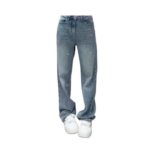 Suncadmious jeans haren larghi con strass casual primaverili da donna pantaloni vintage in denim a vita alta pantaloni larghi con strass a vita alta jeans lucidi dritti a gamba larga (azzurro, m)