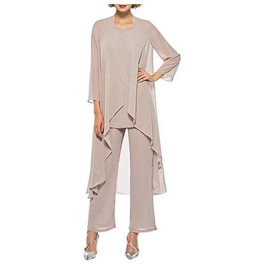 Snow Lotus, abito da donna in chiffon lungo, in tre pezzi, con maniche a 3/4 e pantaloni eleganti, ideale come vestito da sera, per madre della sposa, marrone rosa, 48