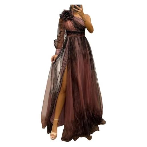 SHINROAD abito da sera stampato da donna con decorazione floreale 3d una spalla pieghettata in rete per banchetto singolo manica lunga sottile vita a trapezio, rosa polvere, s