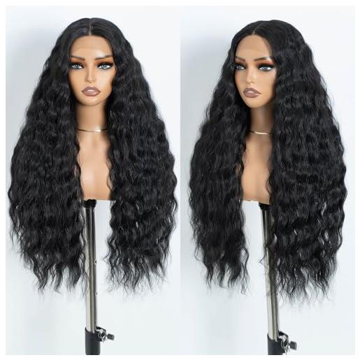 Style Icon lace front wigs for women 30 inch long water wave curly wig middle part front wig synthetic hair (1b)