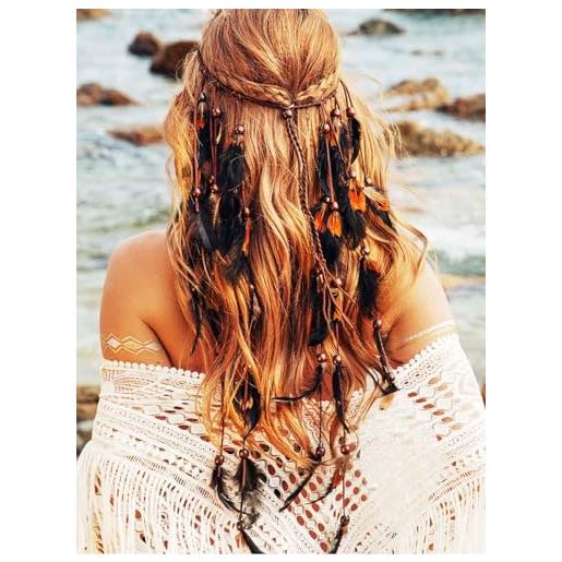 Reaky fascia per capelli con piume, stile bohémien, con piume, accessorio per capelli da donna