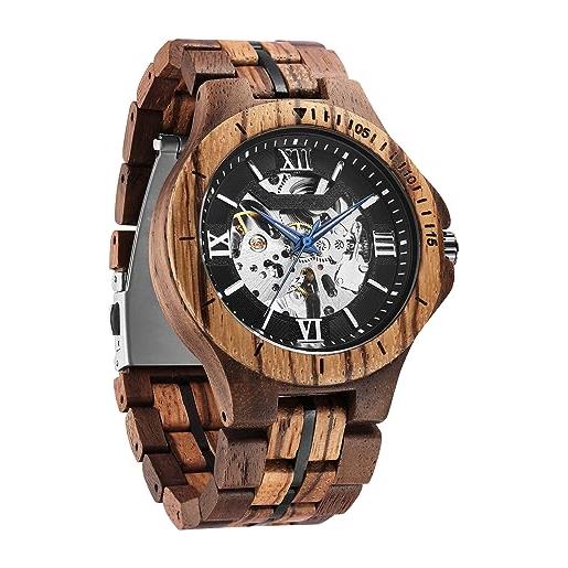 Tiong Orologio Meccanico Automatico Uomo In Legno Naturale, Quadrante Scheletrato Rosso A 4 Numeri, Cinturino Regolabile, Marrone/Rosso (Mwd-02red) - 5