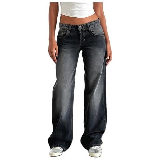 TERAZUNO jeans da donna a gamba dritta a vita bassa jeans larghi classici anni '90 jeans larghi casual con gambe larghe e tasca pantaloni in denim vintage hip hop(gray2, s)
