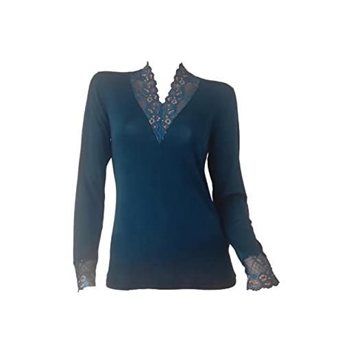 Clessidra sottogiacca a manica lunga con scollo v di pizzo in lana merino seta made in italy, sottogiacca donna, scollo a v, pizzo, maglia, lana seta, maglioncino donna lana e-6349 (m, petrolio)