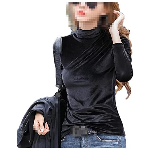 Ruereuu maglietta da donna in velluto a maniche lunghe con collo alto, nero , m