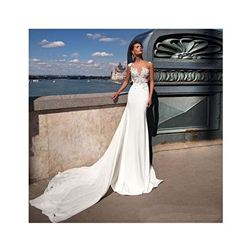 WZEFEIO abito da sposa con scollo a v delle donne, senza maniche in pizzo abito da sera, bianco, 2