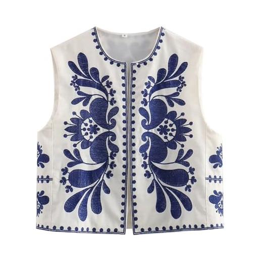 Generic donna francese moda floreale ricamato cardigan gilet senza maniche in cotone top cappotto estivo, blu, xs