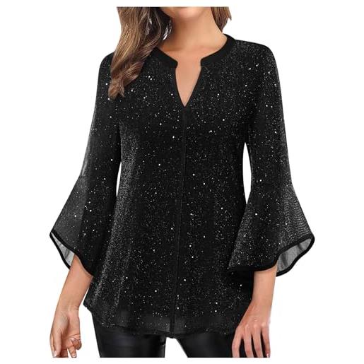 NZYIHAO maglia da donna elegante con scollo a v, a maniche a 3/4, con paillette, tunica estiva, leggera, per il fitness, a maniche lunghe, #01 nero. , xl