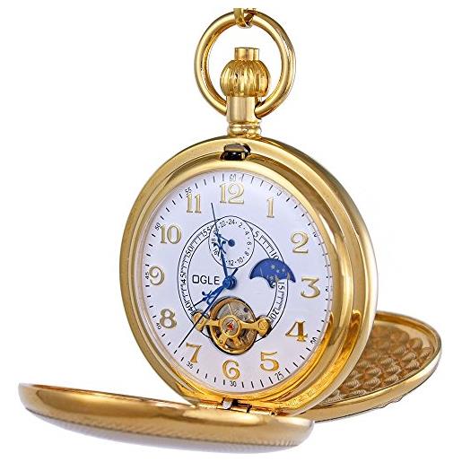 OGLE vintage rame doppia copertura tourbillon fasi luna catena fob automatico a carica meccanica automatica orologio da tasca