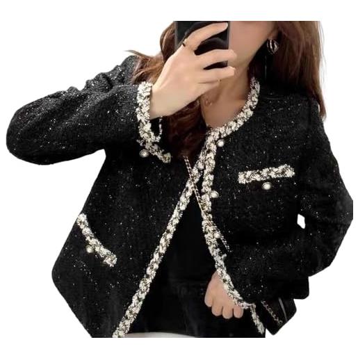 Suncadmious donna elegante blazer coreano casual in tweed temperamento colletto rotondo blazer casual a quadri con abbottonatura cappotto giacca corta (black, xl)