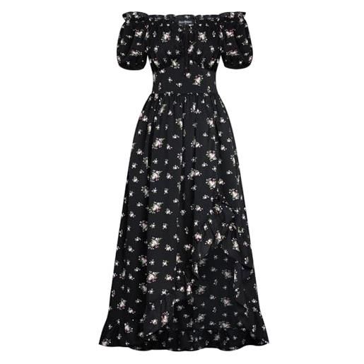 SCARLET DARKNESS abito da donna in stile vittoriano, a maniche corte con volant, in cotone, stampa floreale blu su bianco, s