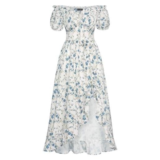 SCARLET DARKNESS abito da donna in stile vittoriano, a maniche corte con volant, in cotone, stampa floreale blu su bianco, l