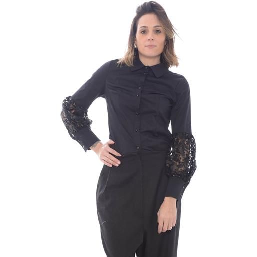 Brand Unique camicia donna con maniche in pizzo e paillettes nero