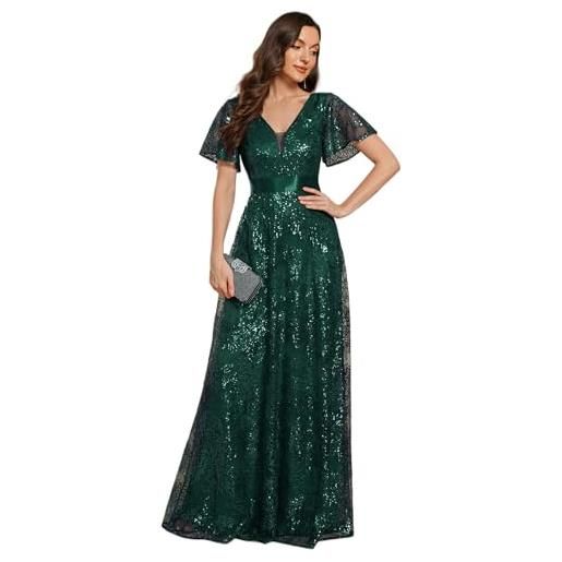 Ever-Pretty abito cerimonia donna paillettes lungo tulle maniche corte abito da sera eleganti vestito capodanno donna scollo a v blu navy 40